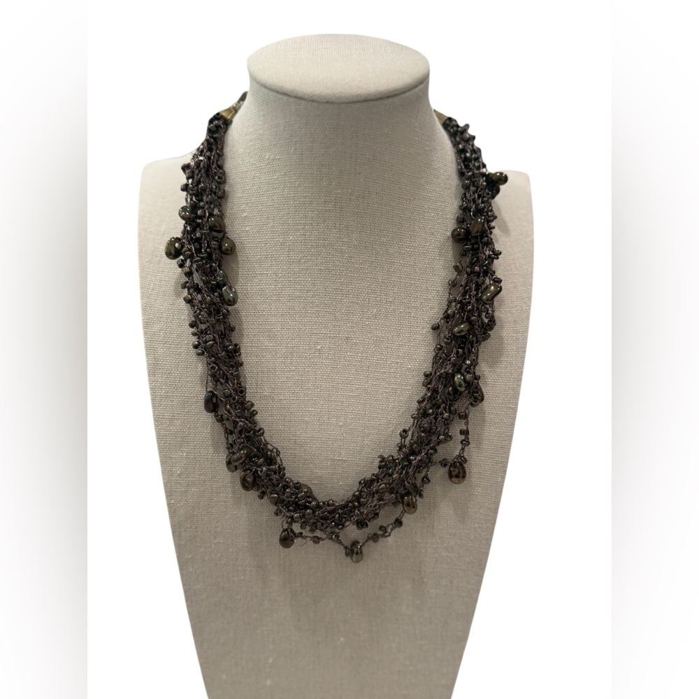 Boho Crochet Beaded Multi-Strand Necklace Brown Earth Tones Adjustable 19in Long